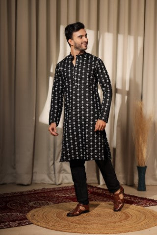Black Viscose Designer Embroidered Ethnic Ceremonial Kurta Pajama