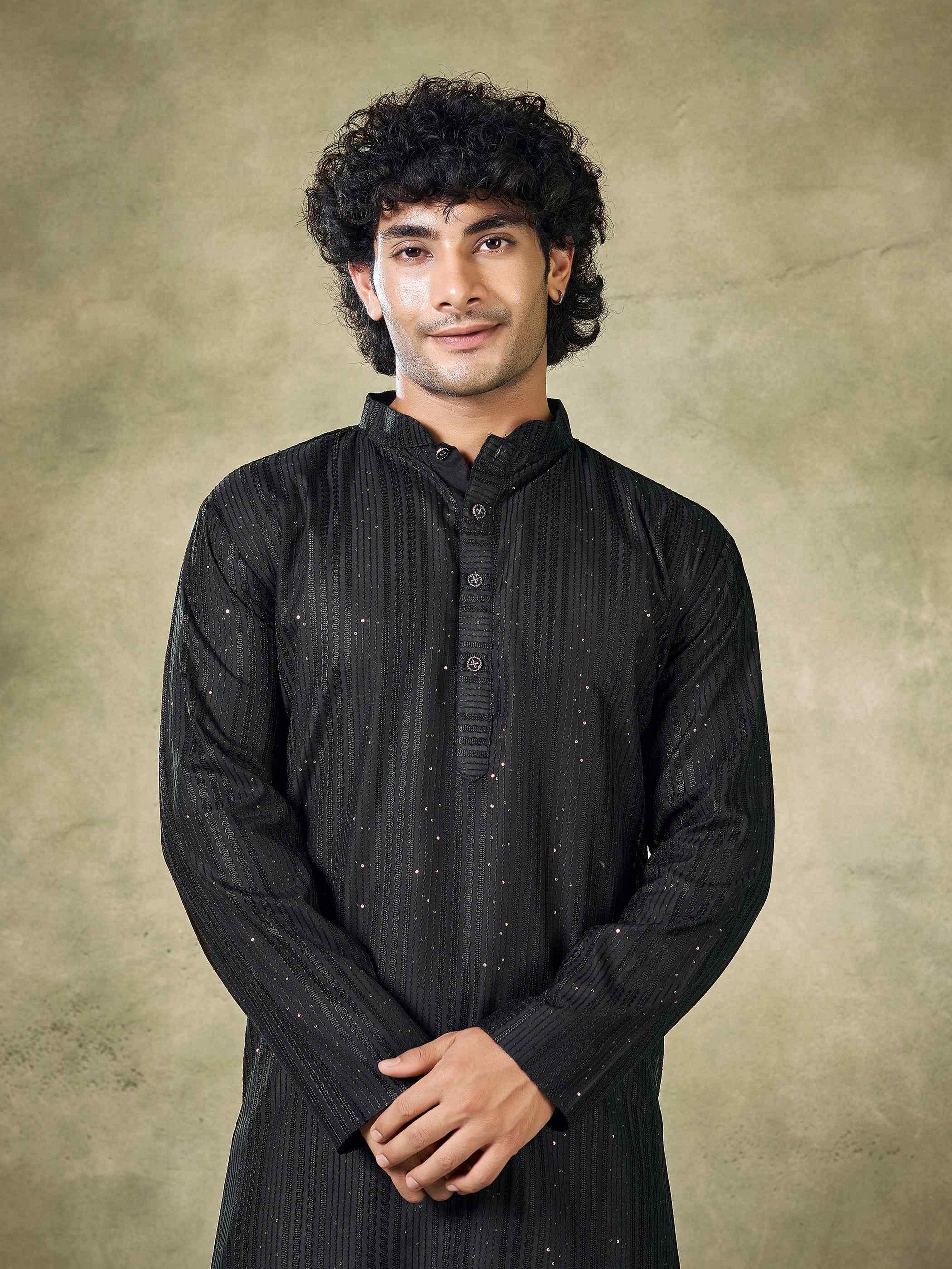 Black Viscose Kurta Payjama with Sequins Detailing – Classic and Bold