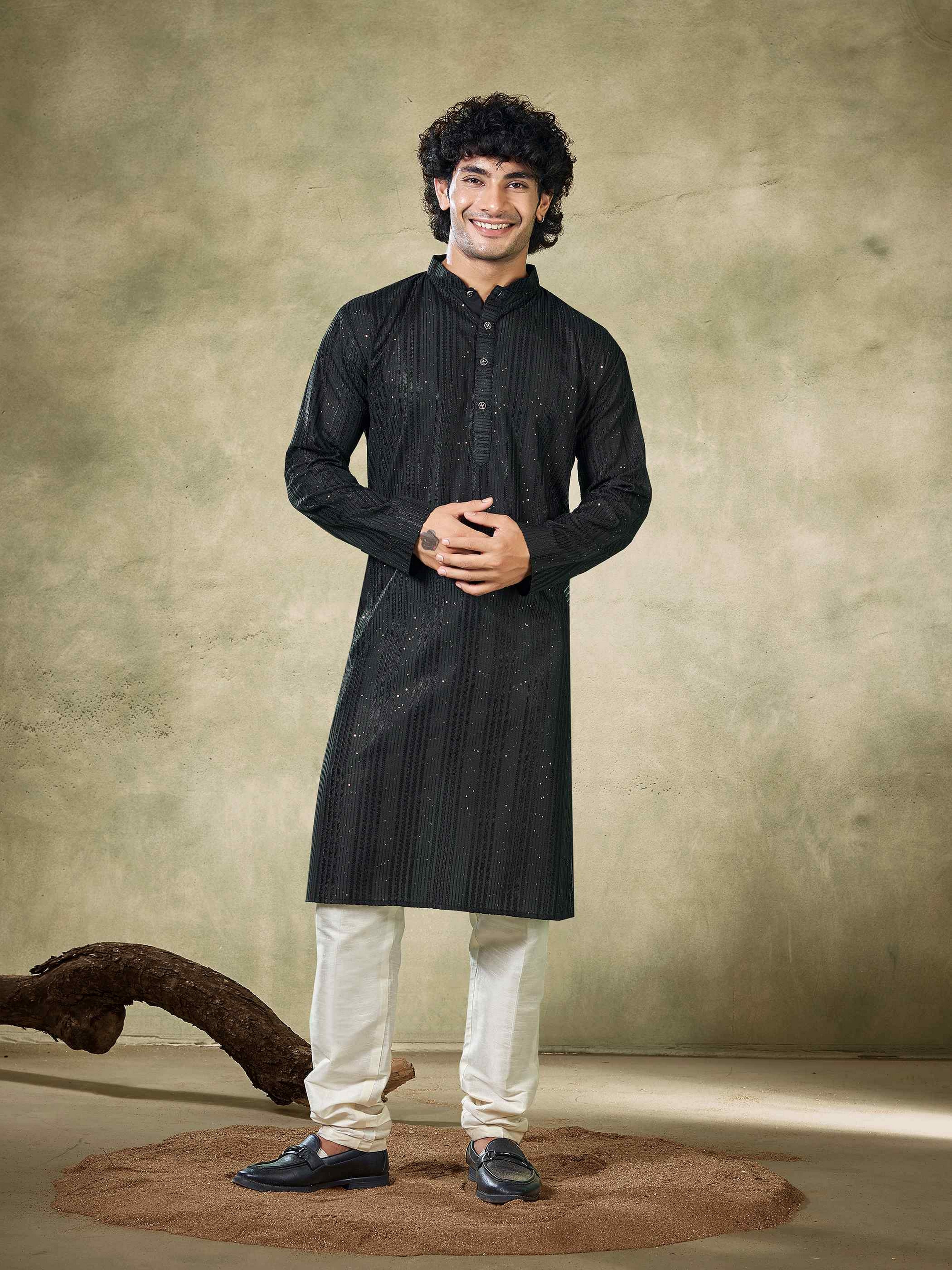Black Viscose Kurta Payjama with Sequins Detailing – Classic and Bold