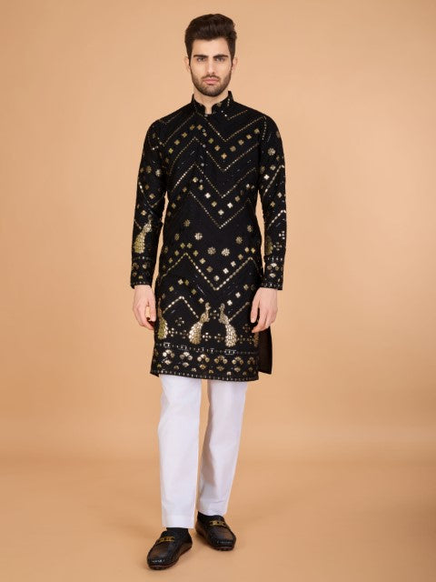 Black Viscose Rayon Thread & Sequins Embroidery Ceremonial Kurta