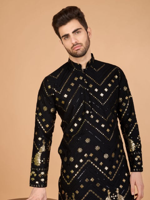 Black Viscose Rayon Thread & Sequins Embroidery Ceremonial Kurta