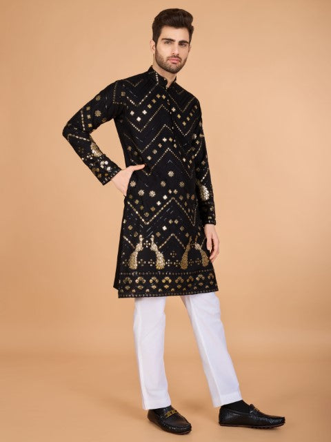 Black Viscose Rayon Thread & Sequins Embroidery Ceremonial Kurta