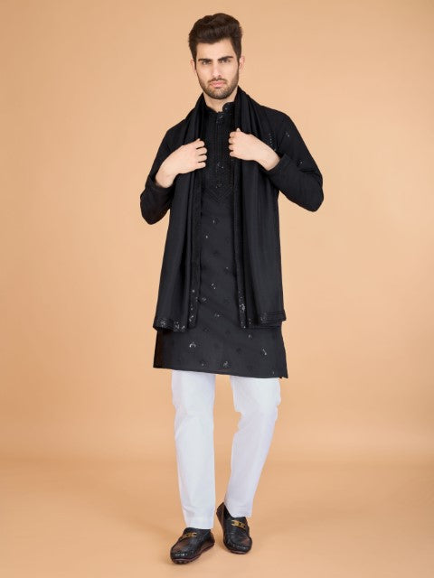 Black Viscose Silk Ethnic Kurta with Dupatta for Ceremonial Look