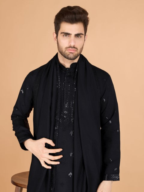 Black Viscose Silk Ethnic Kurta with Dupatta for Ceremonial Look