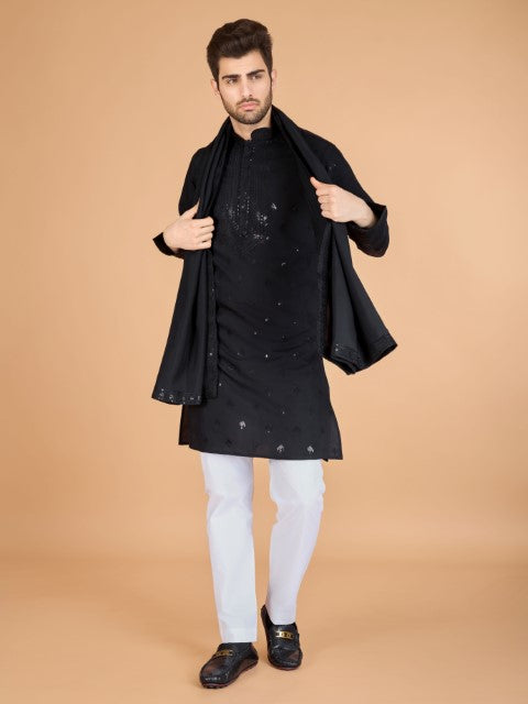 Black Viscose Silk Ethnic Kurta with Dupatta for Ceremonial Look