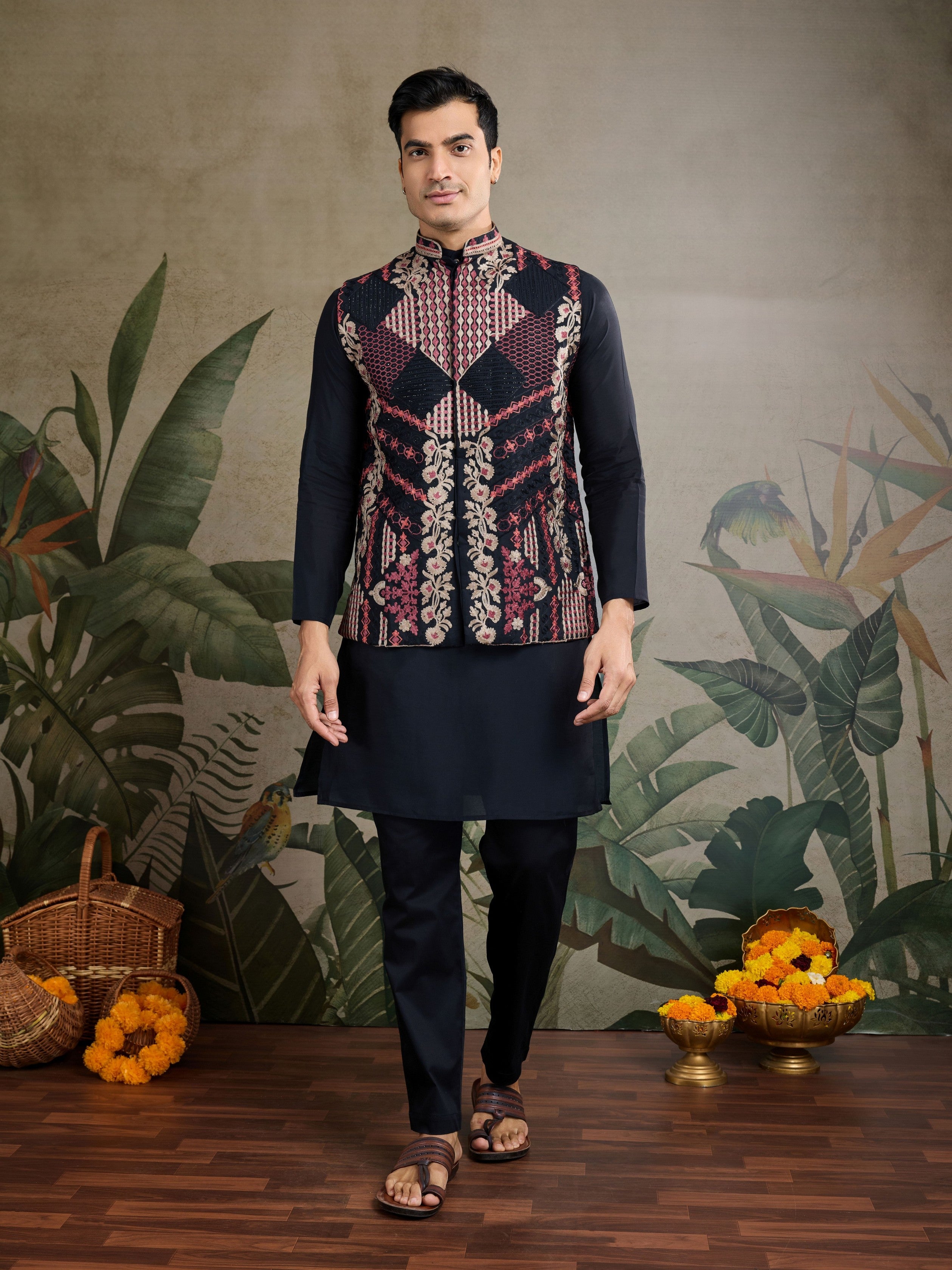 Black Viscose Silk Kurta with Swarovski Embroidery  Jacket