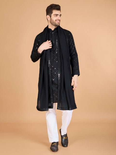 Black Viscose Silk Thread & Sequins Kurta with Dupatta