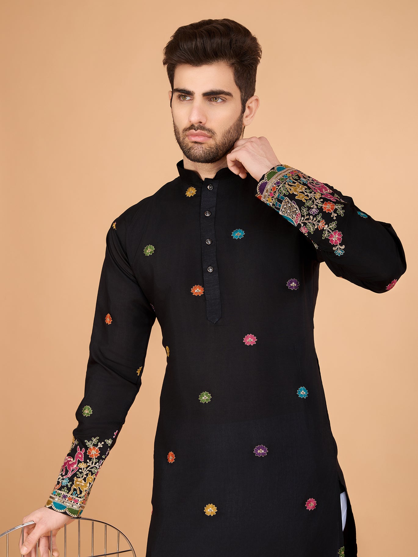 Black Viscose Silk Traditional Kurta – Classic Ceremonial Style
