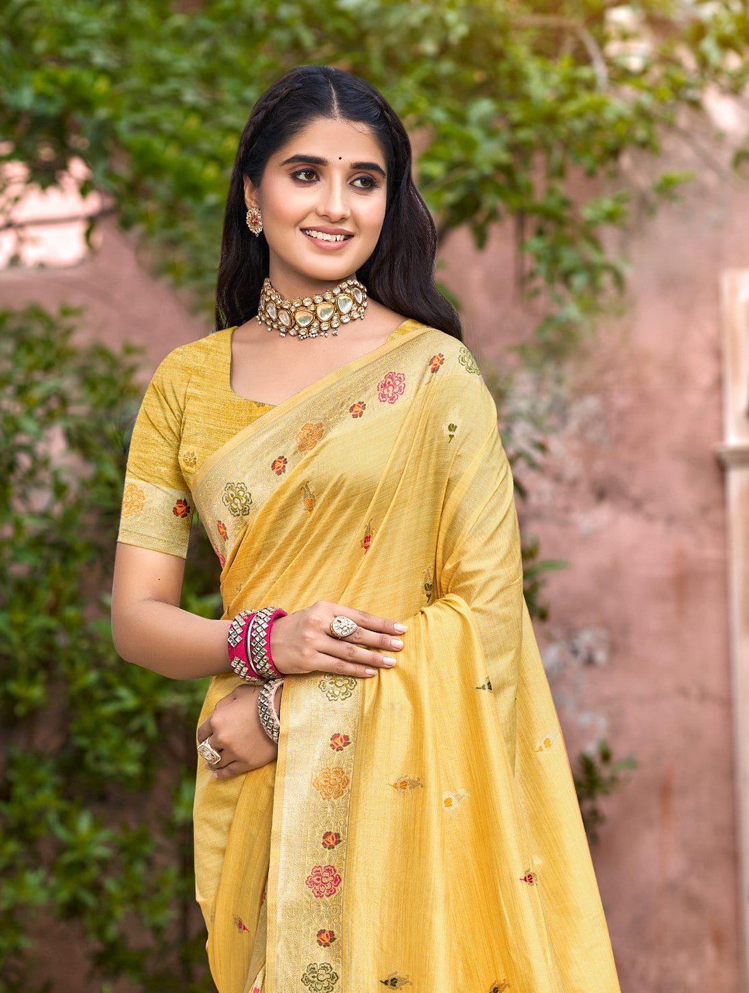 Blooming Yellow Assam Silk Meenakari Festival Saree
