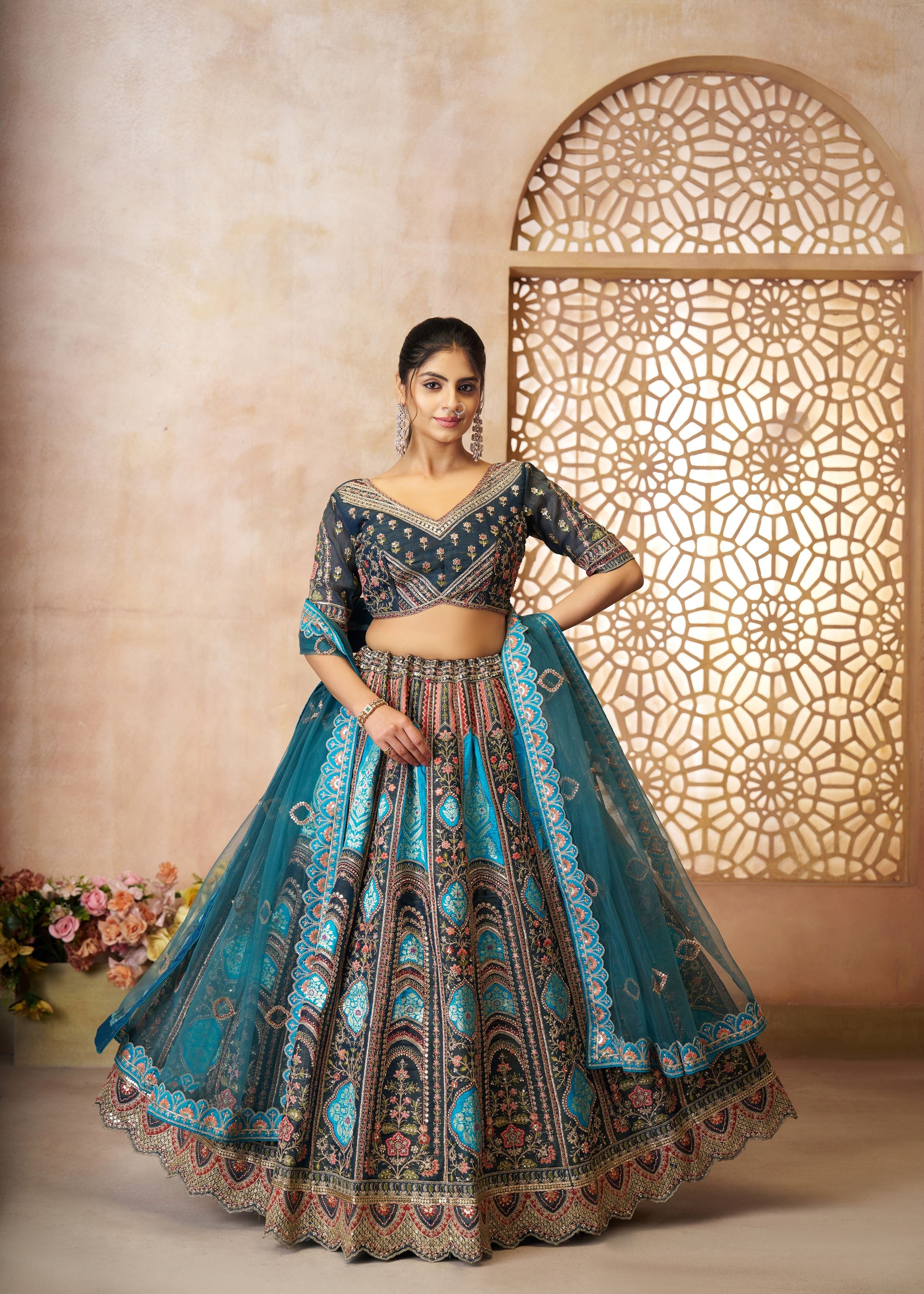 Blue Aari Embroidered Banarasi Lehenga For Brides