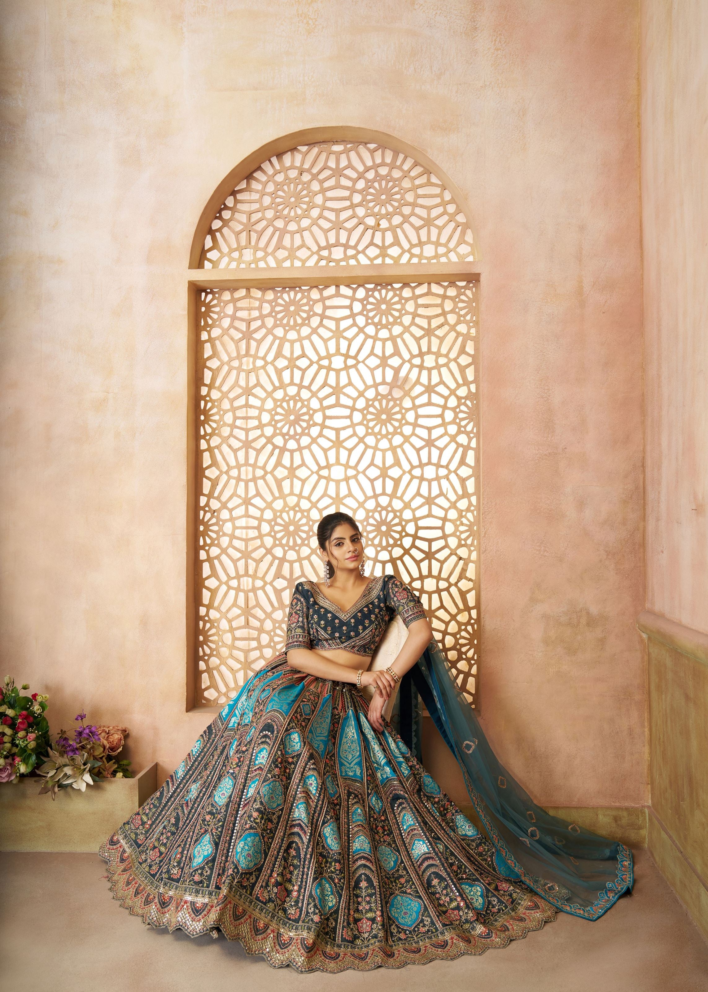 Blue Aari Embroidered Banarasi Lehenga For Brides