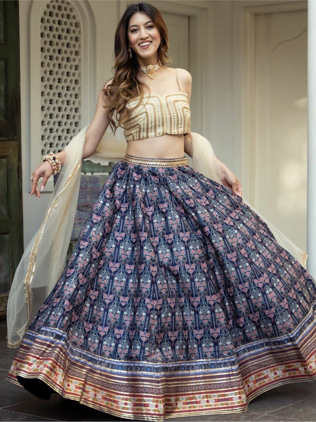 Blue Art Silk Lehenga Choli With Digital Print with Gota Patti Work