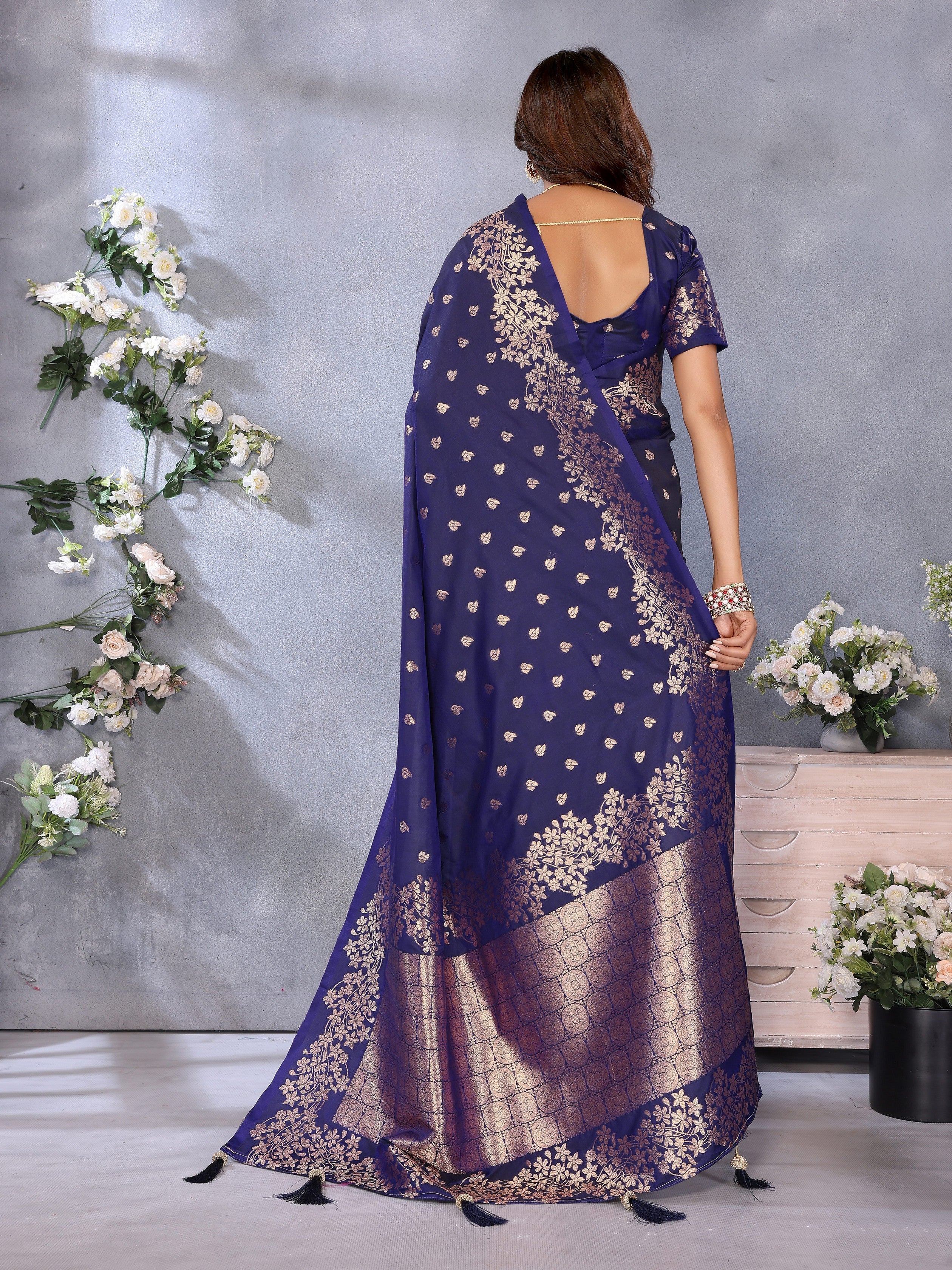 Blue Banarasi Silk Jacquard Weving Designer Floral Ceremonial Festive Saree