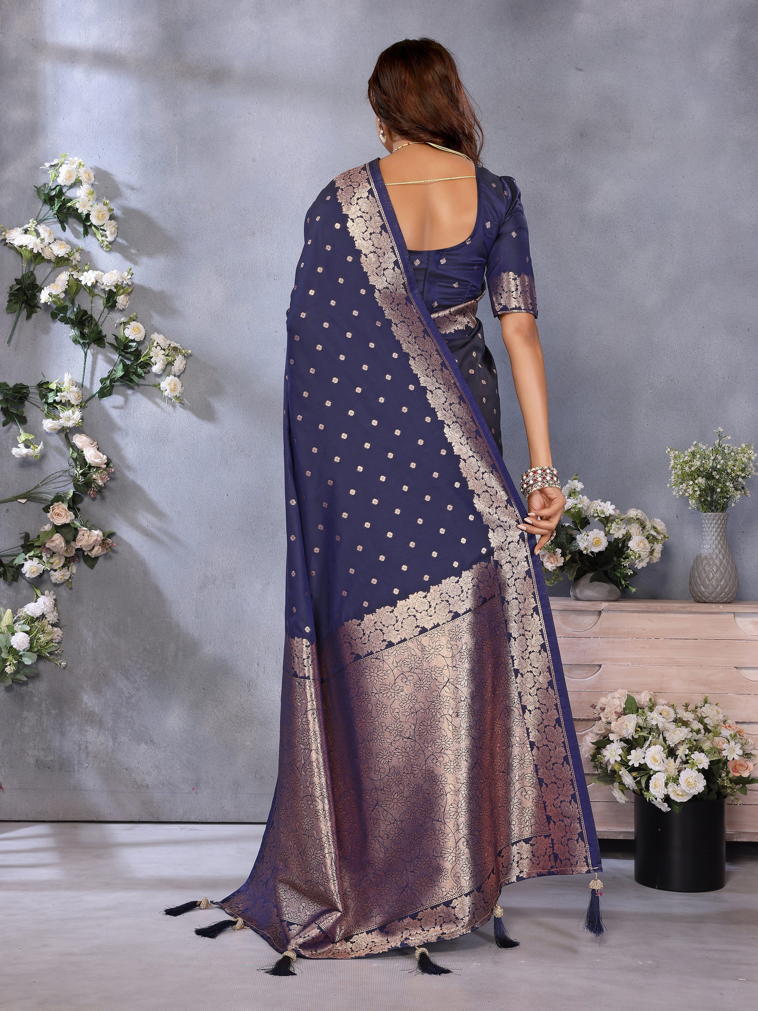 Blue Banarasi Silk Jacquard Weving Designer Trendy Partywear Saree