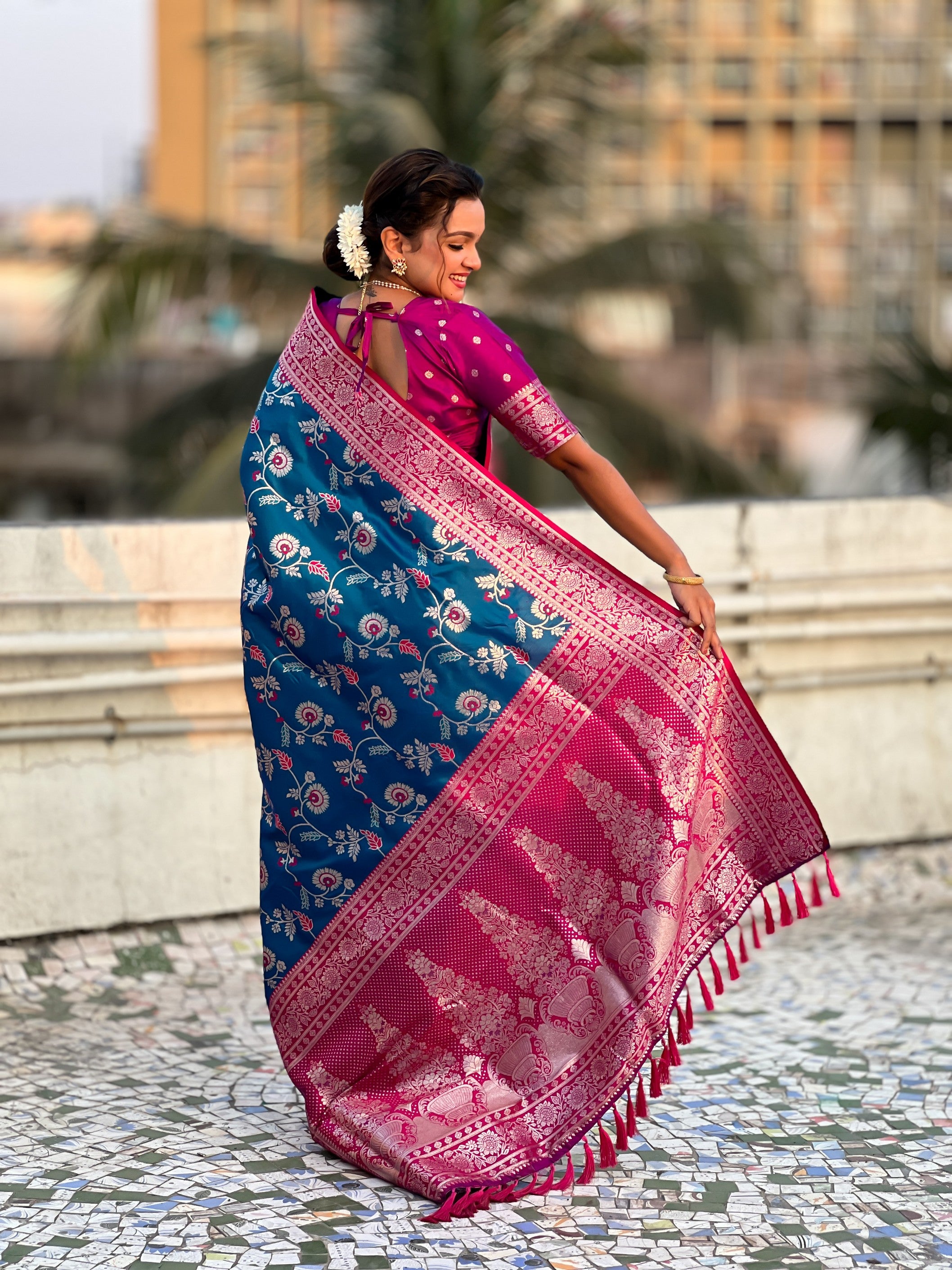 Blue Banarasi Silk Weaving Meenakari Designer Heavy Looks Saree