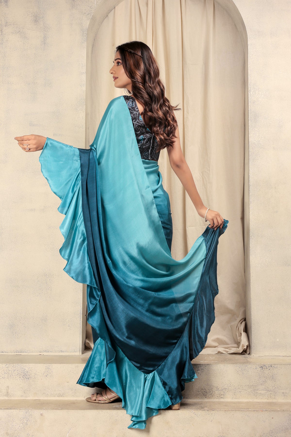 Blue Beautiful Bollywood Style Satin Partywear Saree