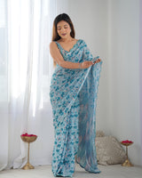 Blue Beautiful Chinon Fabric Digital Printed Saree With Mirror Cut Work