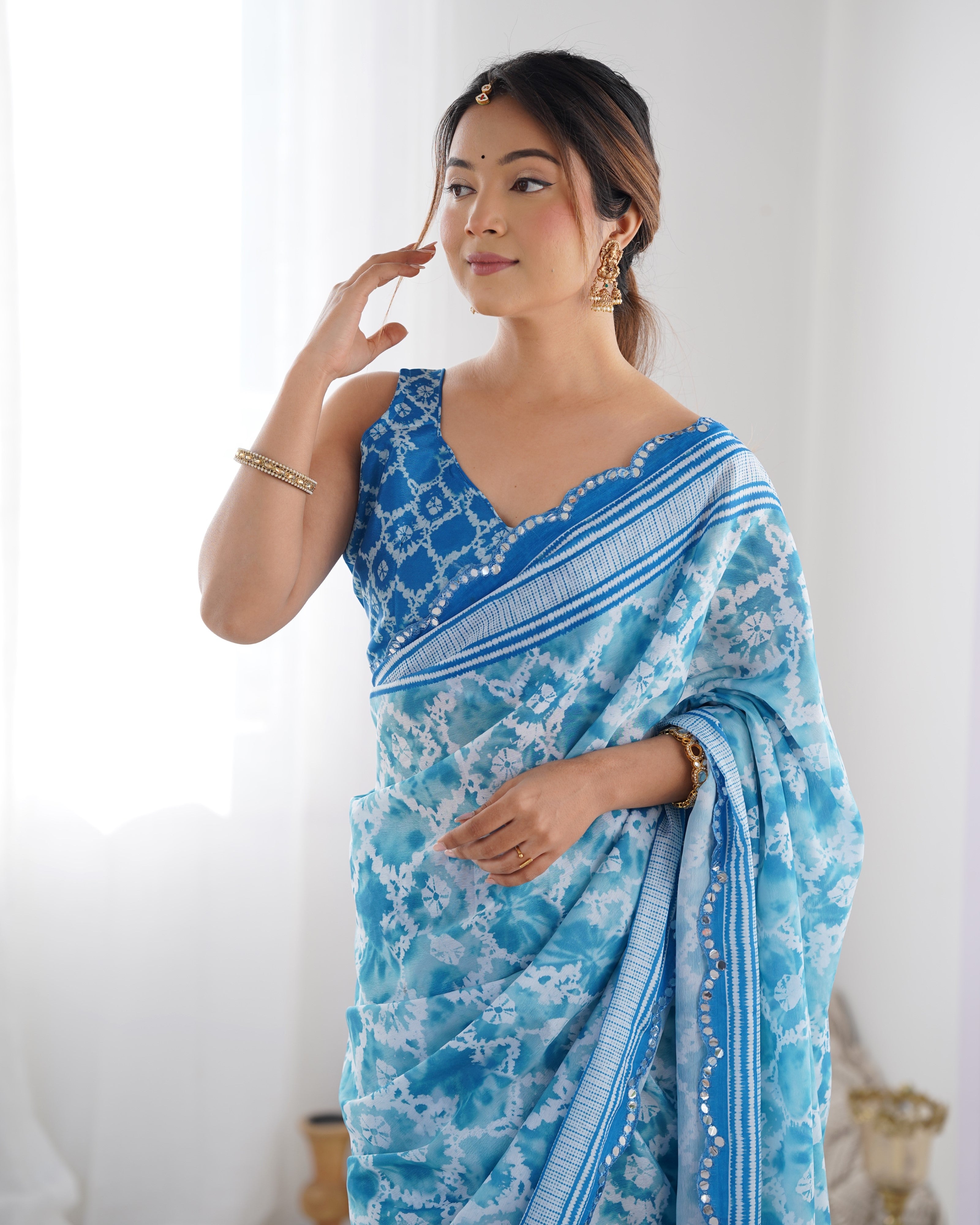 Blue Beautiful Chinon Fabric Digital Printed Saree With Mirror Cut Work