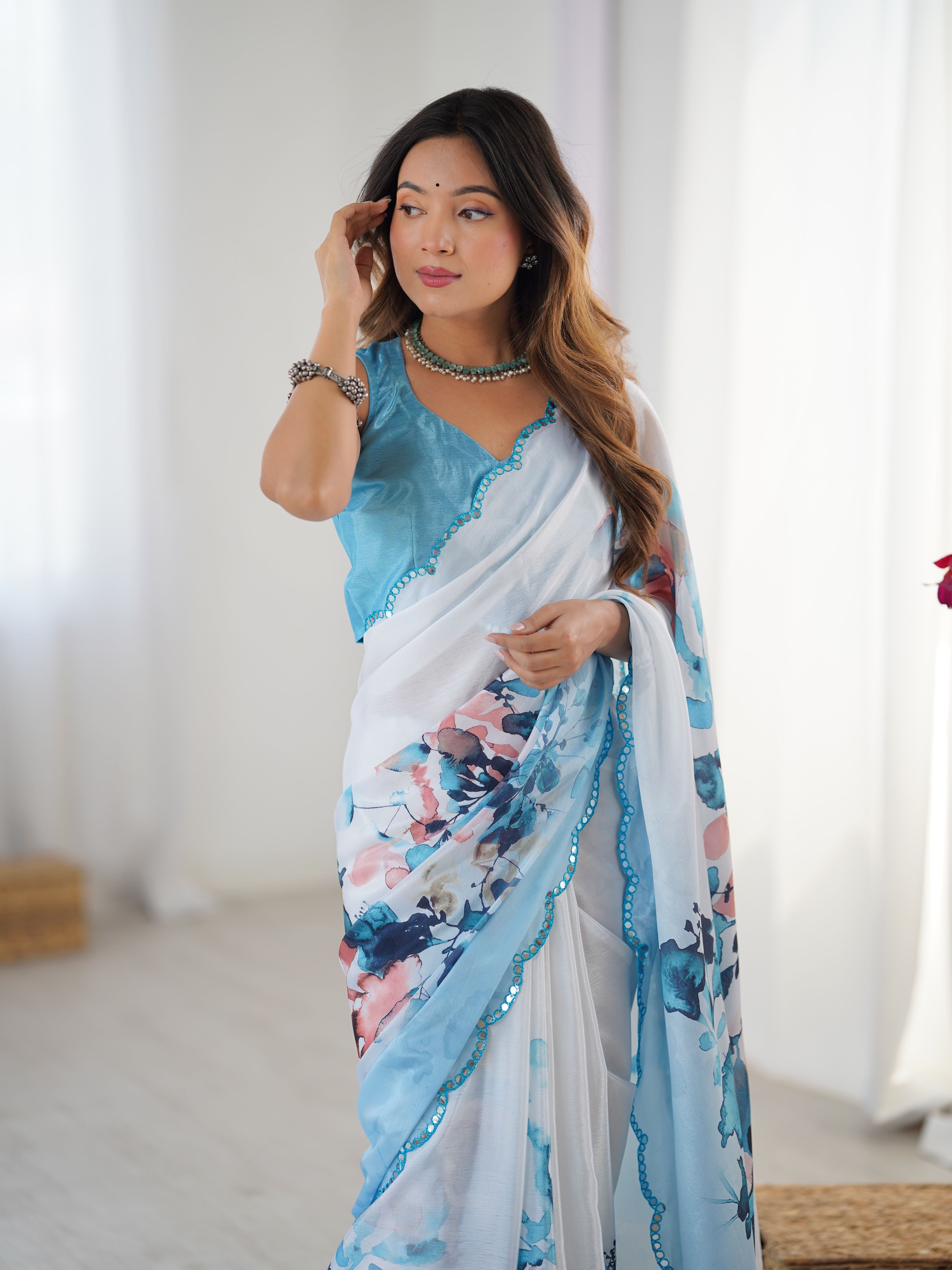 Blue Beautiful Chinon Smart Printed Festive Wear Ceremonial Saree