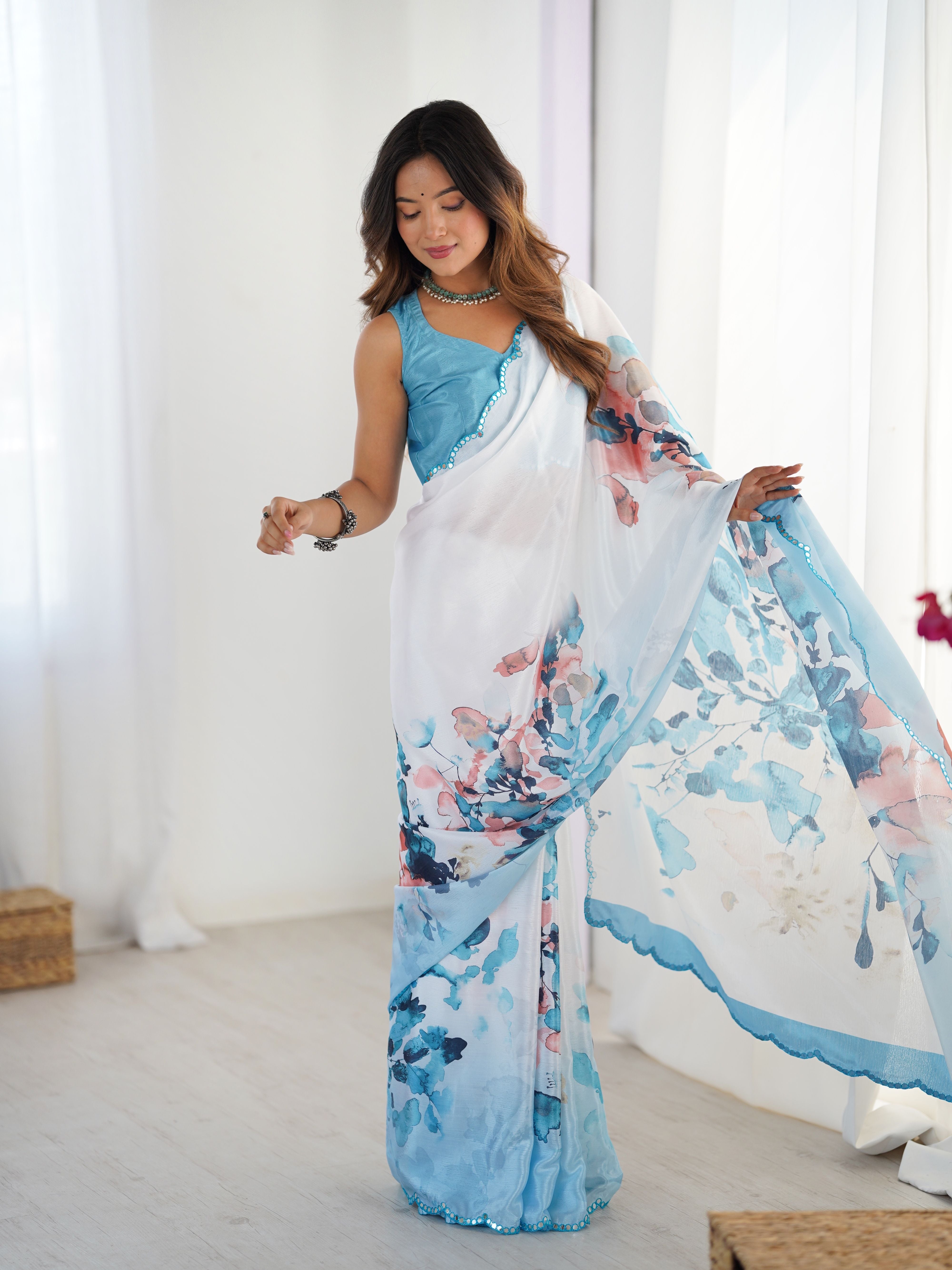 Blue Beautiful Chinon Smart Printed Festive Wear Ceremonial Saree