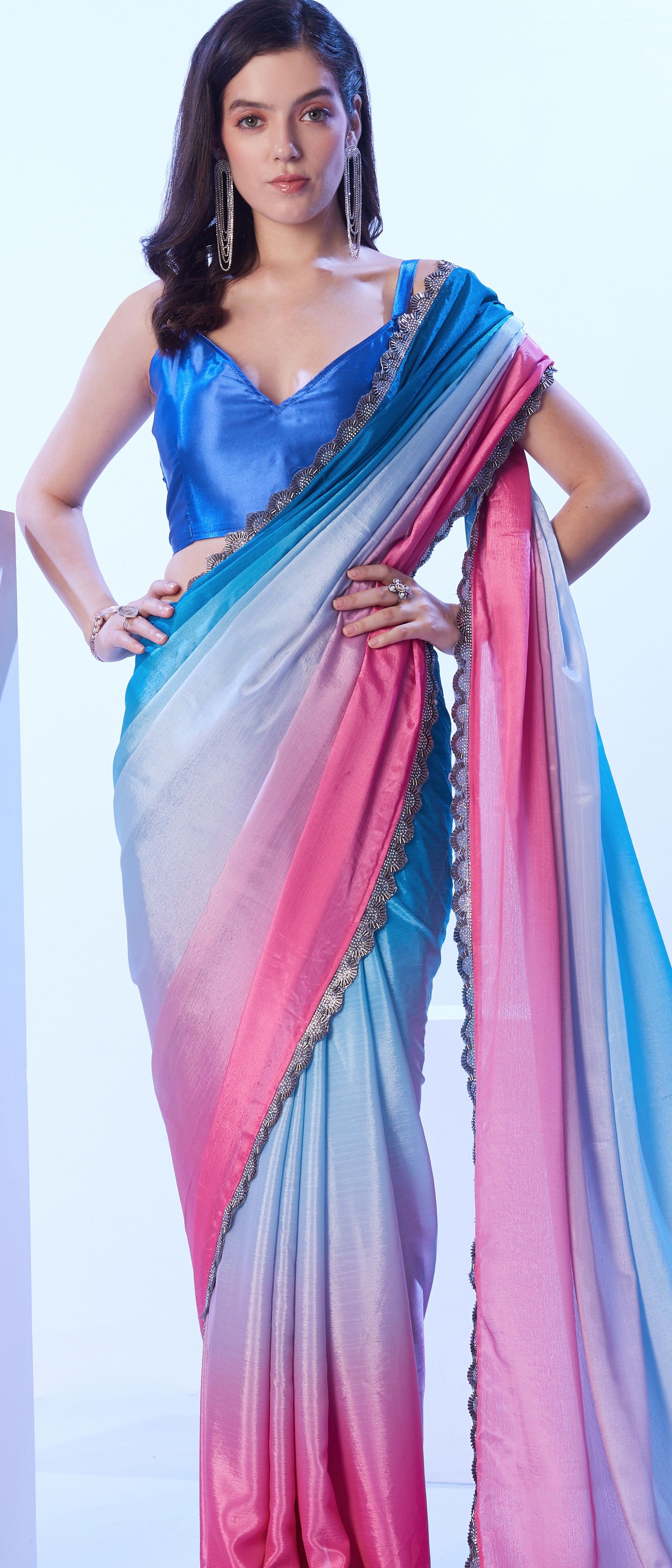 Blue Beautiful Chinon Solid Designer Bollywood Party Saree