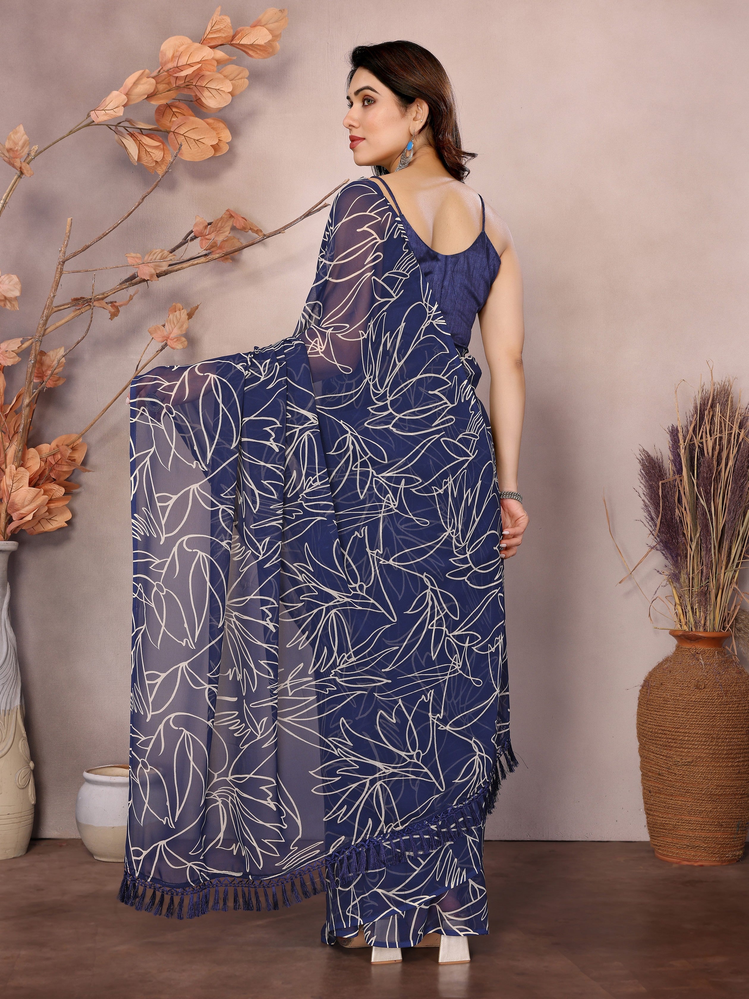 Blue Beautiful Designer Printed Ready To Wear Saree For Fancy Looks