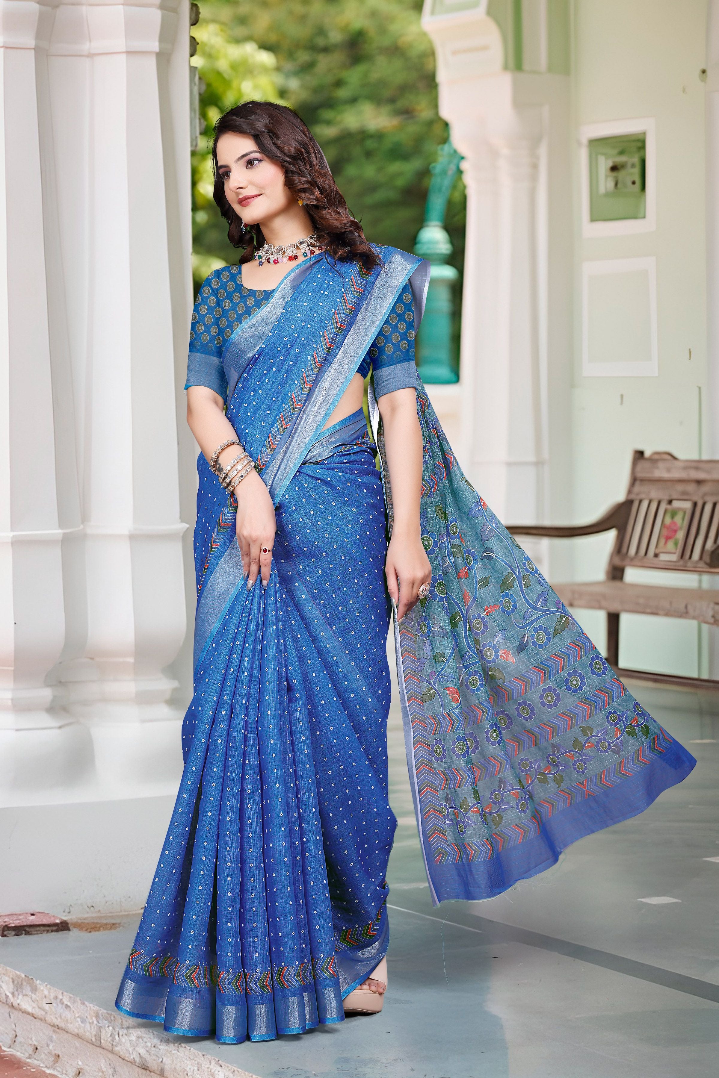 Blue Beautiful Designer Printed Saree With Woven Border