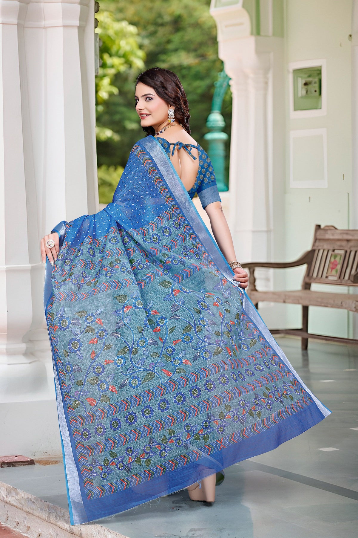 Blue Beautiful Designer Printed Saree With Woven Border