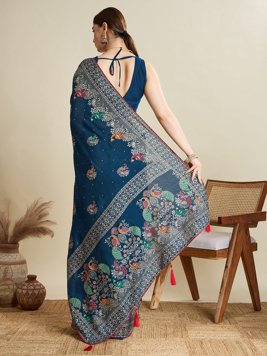Blue Beautiful Designer Table Printed With Foil Cotton Blended Saree