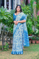 Blue Beautiful Linen Cotton Designer Festive Wear Saree