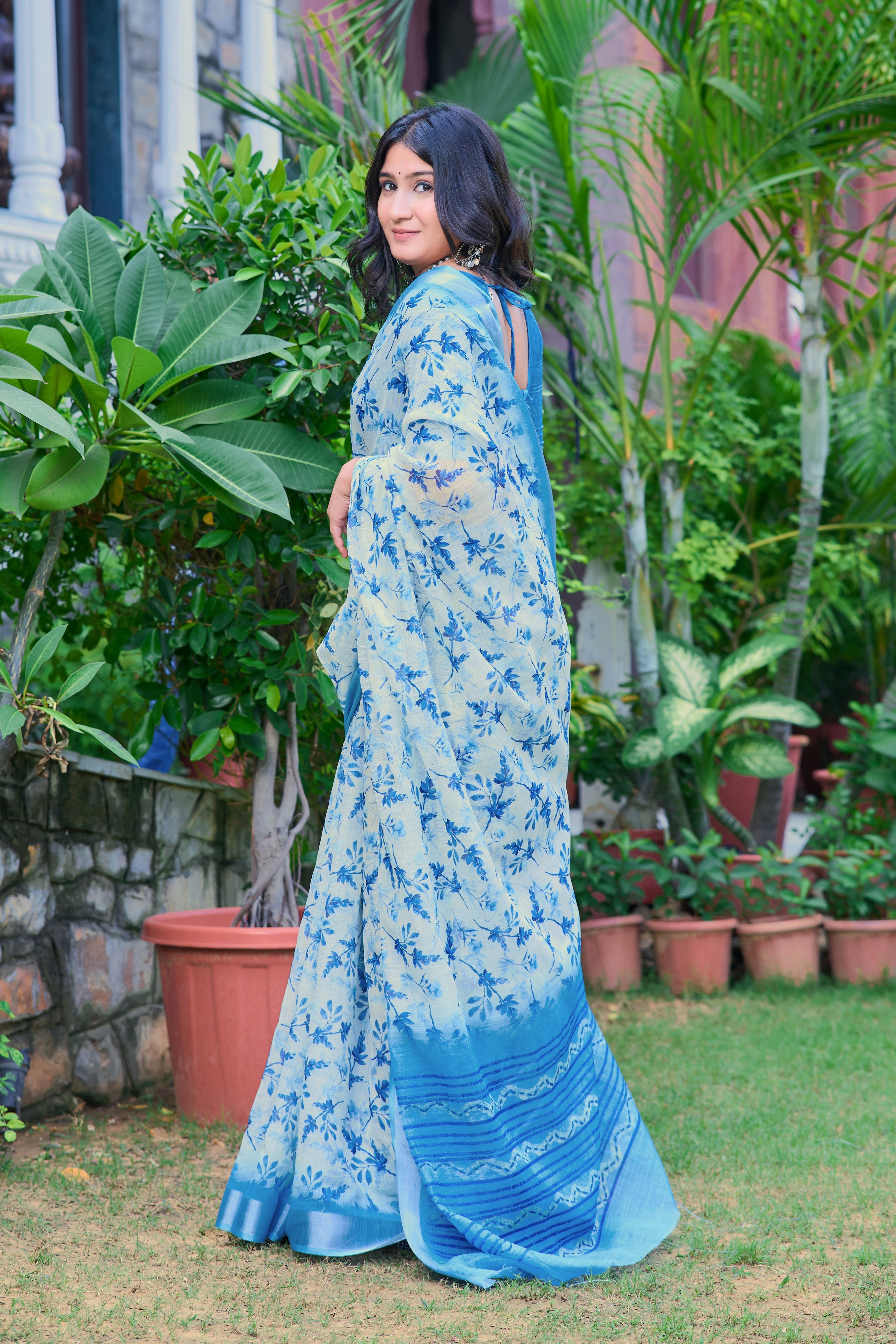 Blue Beautiful Linen Cotton Designer Festive Wear Saree