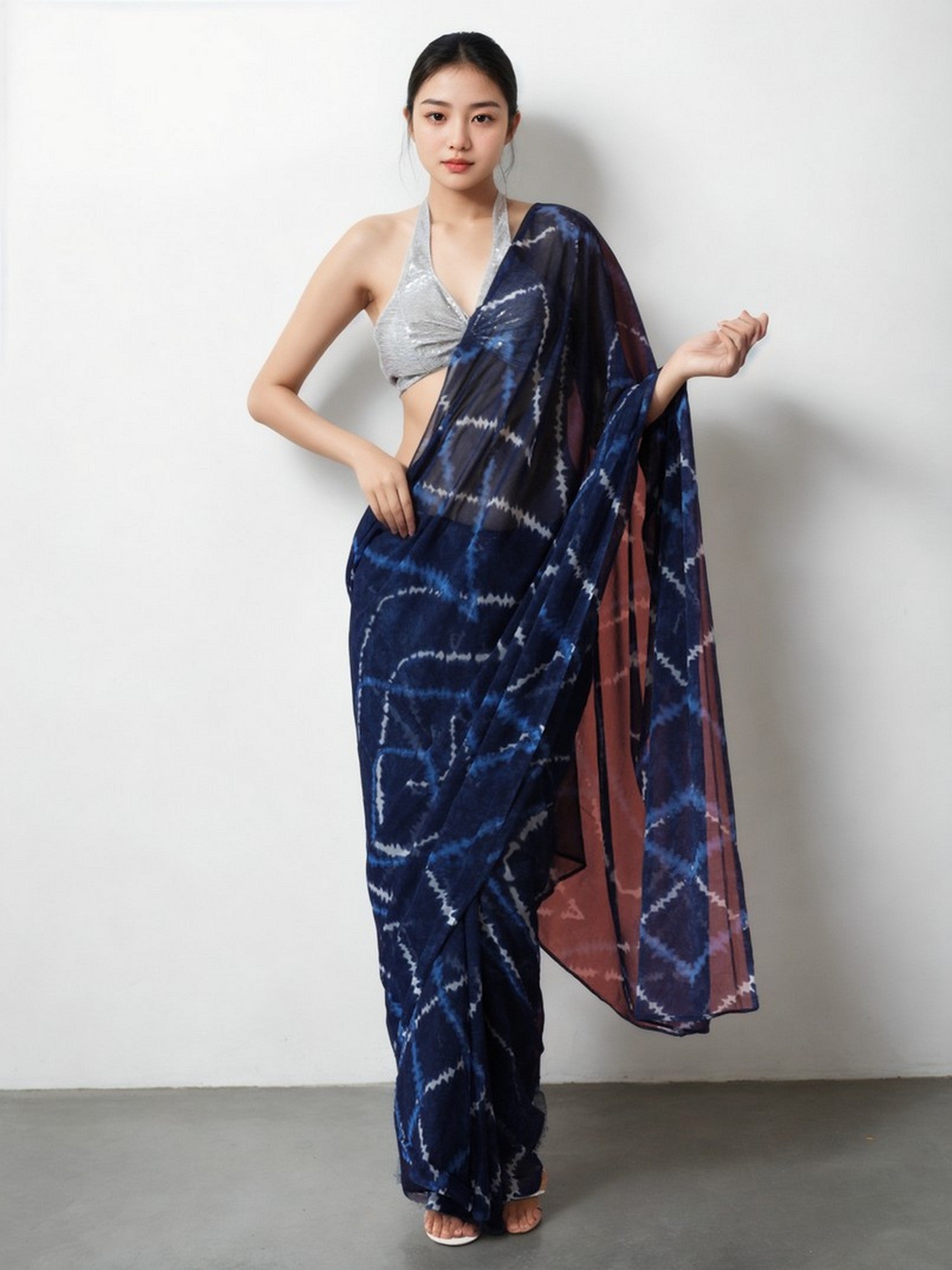 Blue Beautiful Marbel Chiffon Designer Printed Ready To Wear Ceremonial Saree
