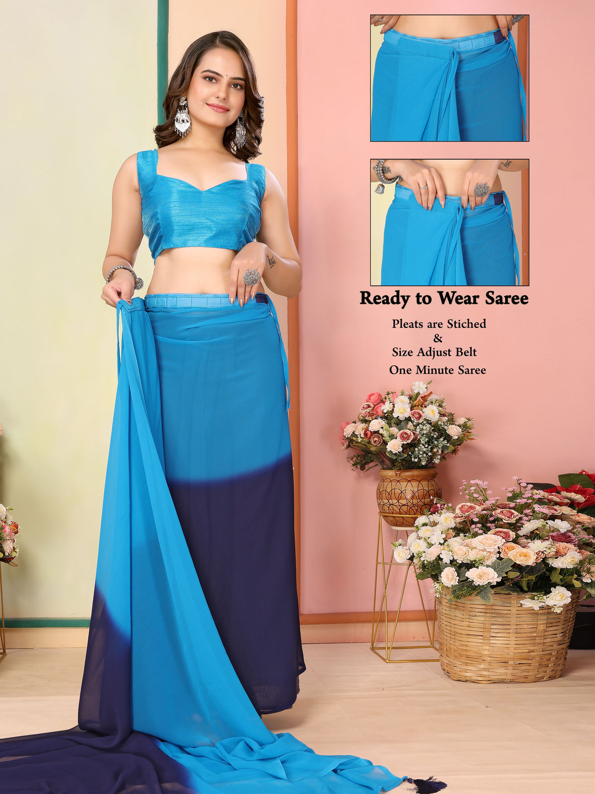 Blue Beautiful Pedding Printed Georgette Ready To Wear Saree