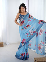 Blue Beautiful Printed Chinon Saree With Stylish Border For Girlie Looks
