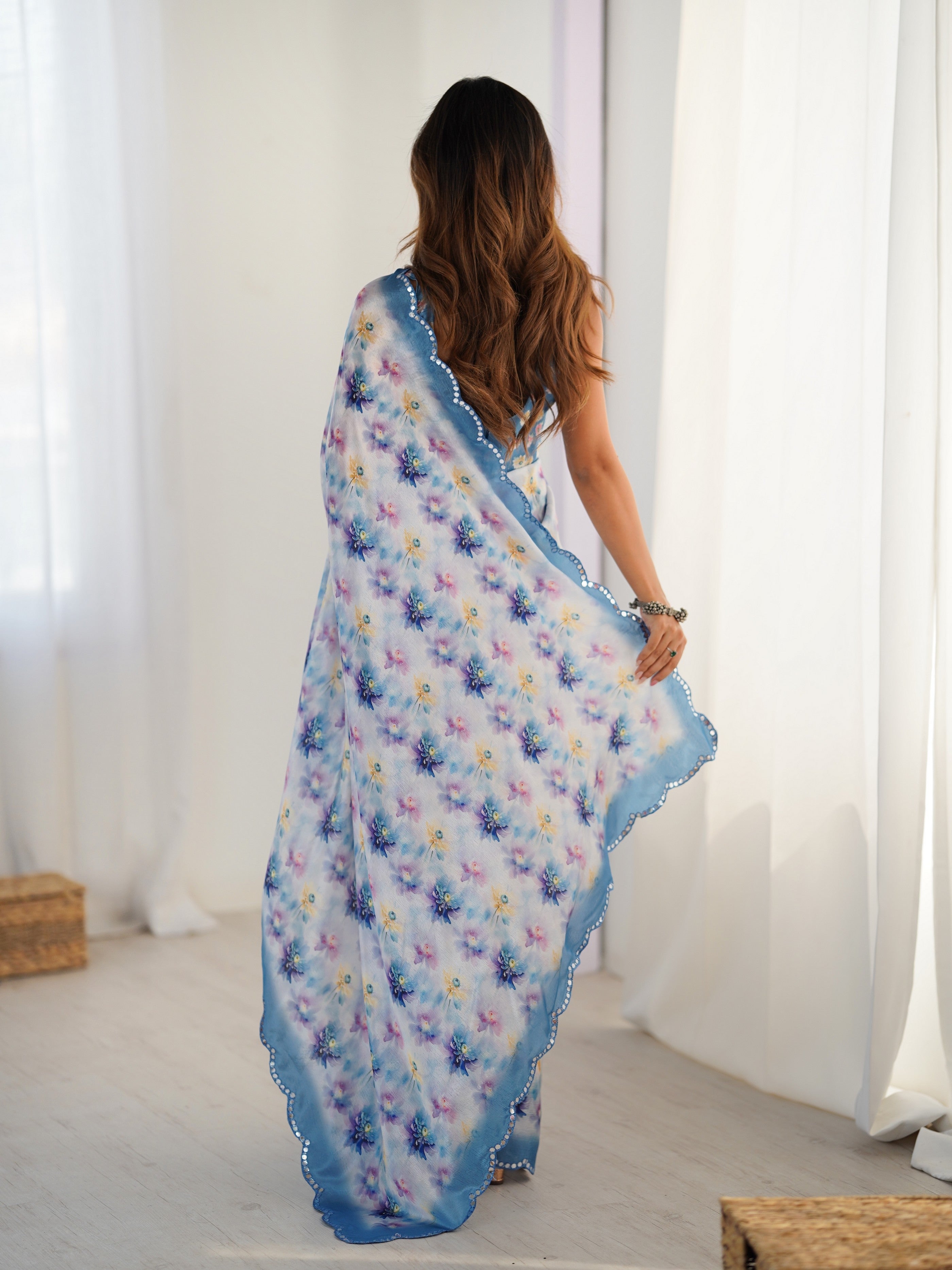 Blue Beautiful Printed Chinon Saree With Stylish Border For Girlie Looks