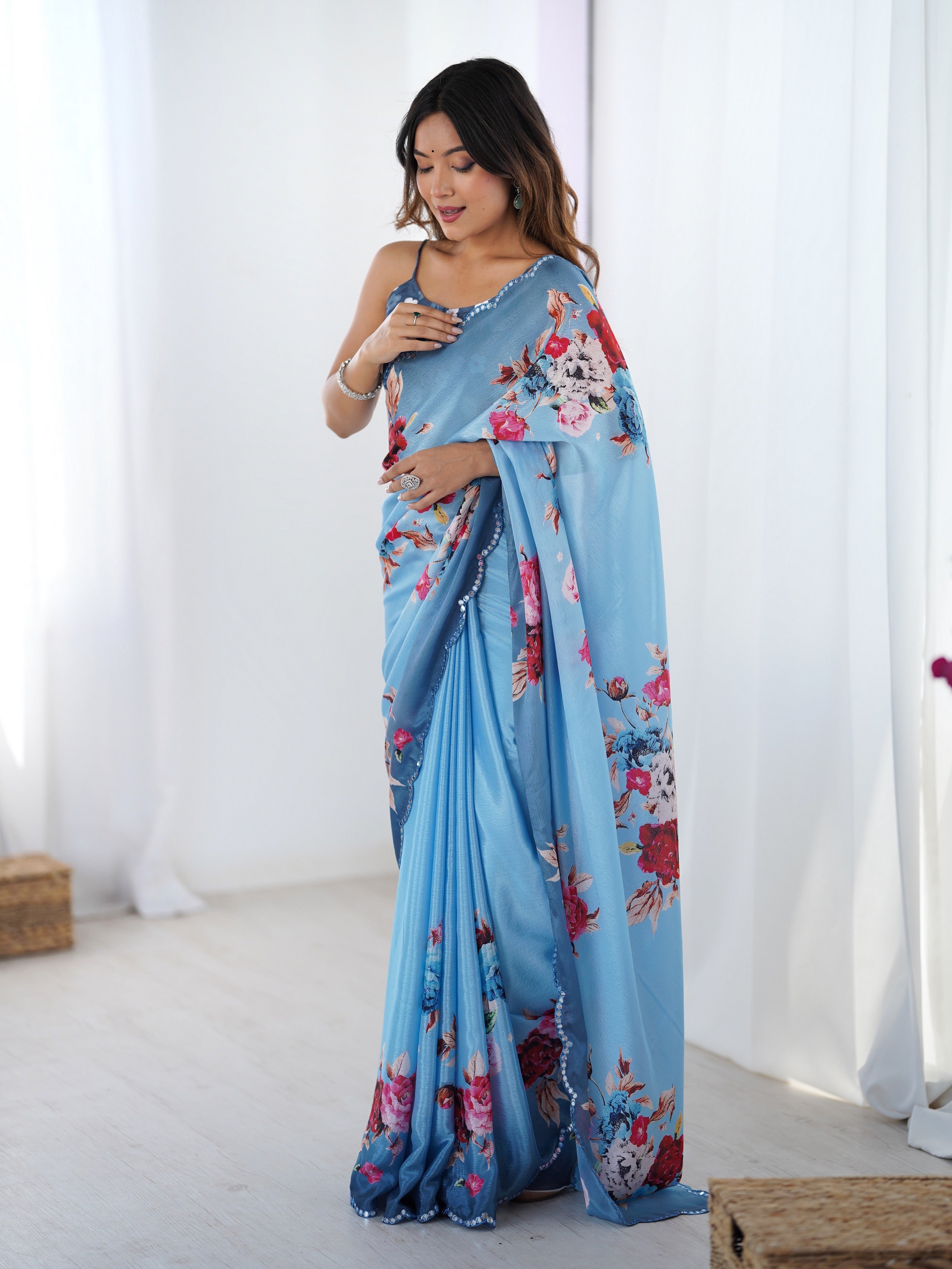 Blue Beautiful Printed Chinon Saree With Stylish Border For Girlie Looks