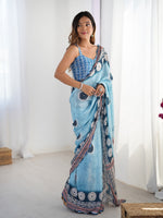 Blue Beautiful Printed Chinon Saree With Stylish Border For Girlie Looks