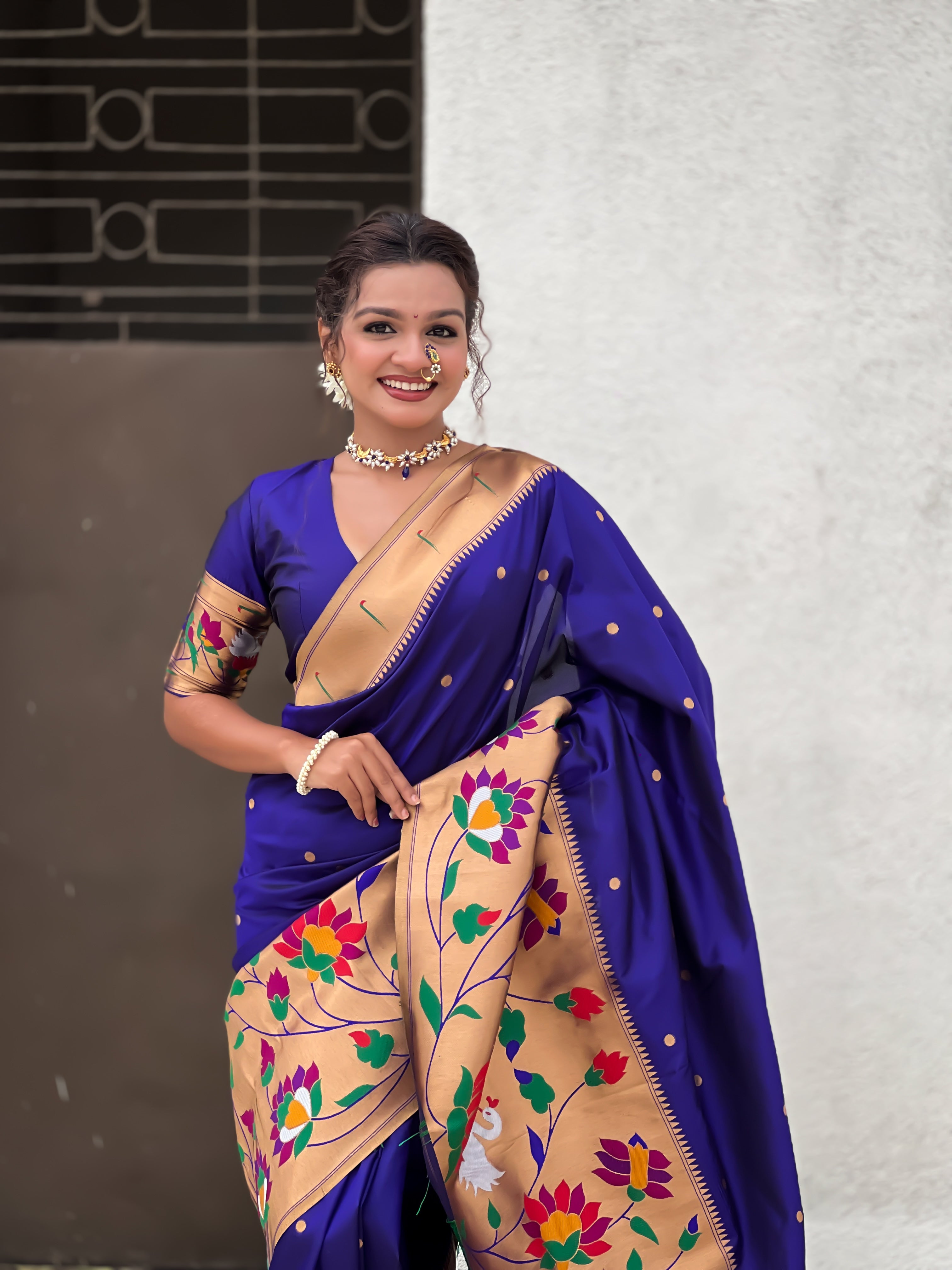 Blue Beautiful Woven Meenakari Polka Designer Paithani Silk Ethnic Graceful Saree