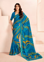 Blue Bemberg Georgette Elegant Designer Digital Printed Ceremonial Classy Saree