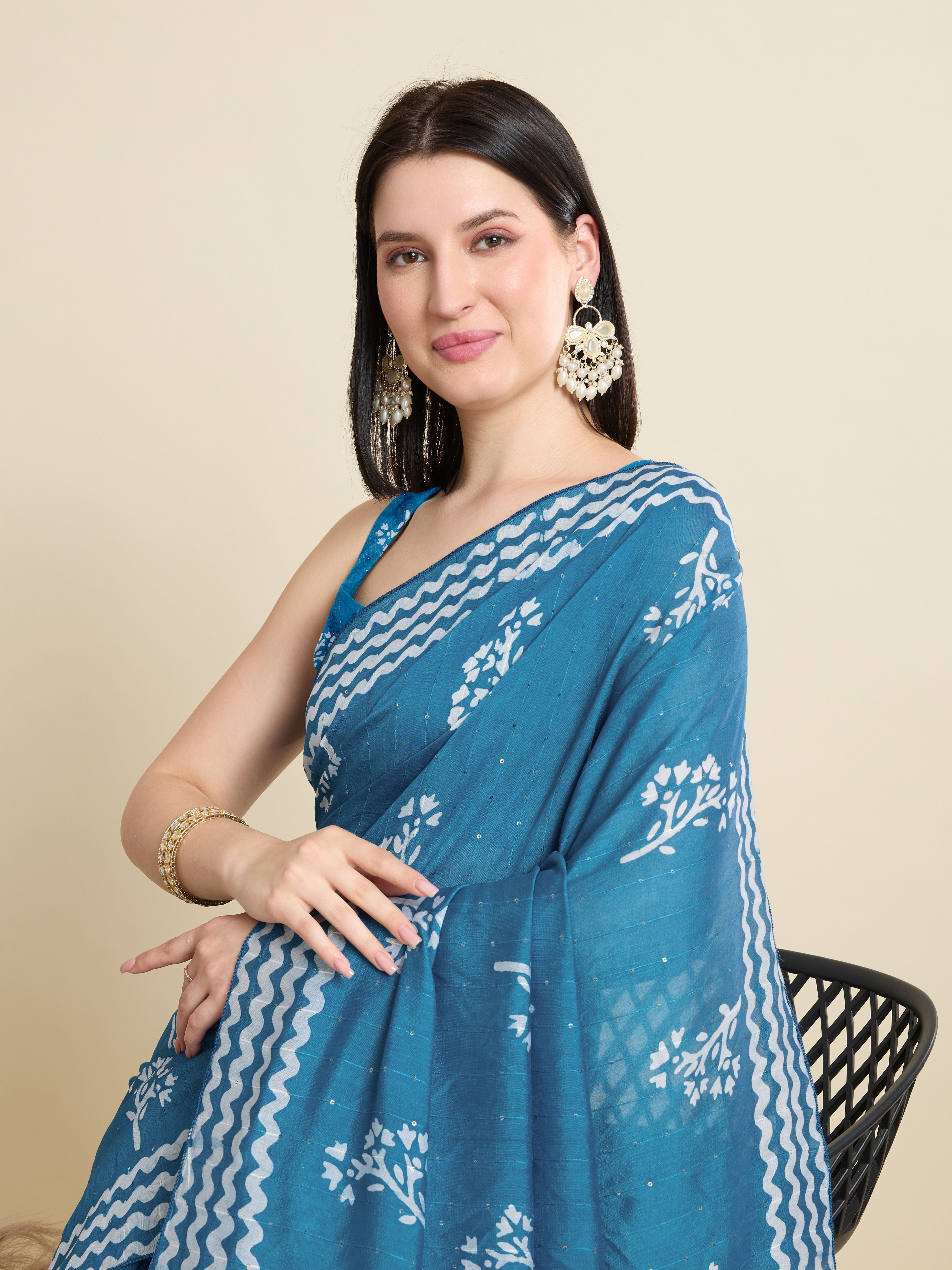 Blue Blended Cotton Ethnic Festive Saree