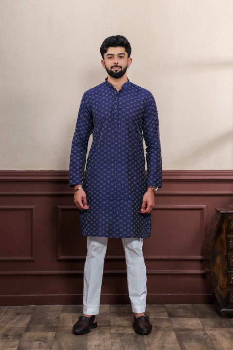 Blue Blended Cotton Wevon Dobby Kurta Pajama