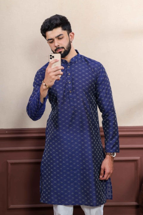 Blue Blended Cotton Wevon Dobby Kurta Pajama