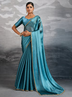 Blue Burberry Chiffon Saree with Beads and Cutdana Lace