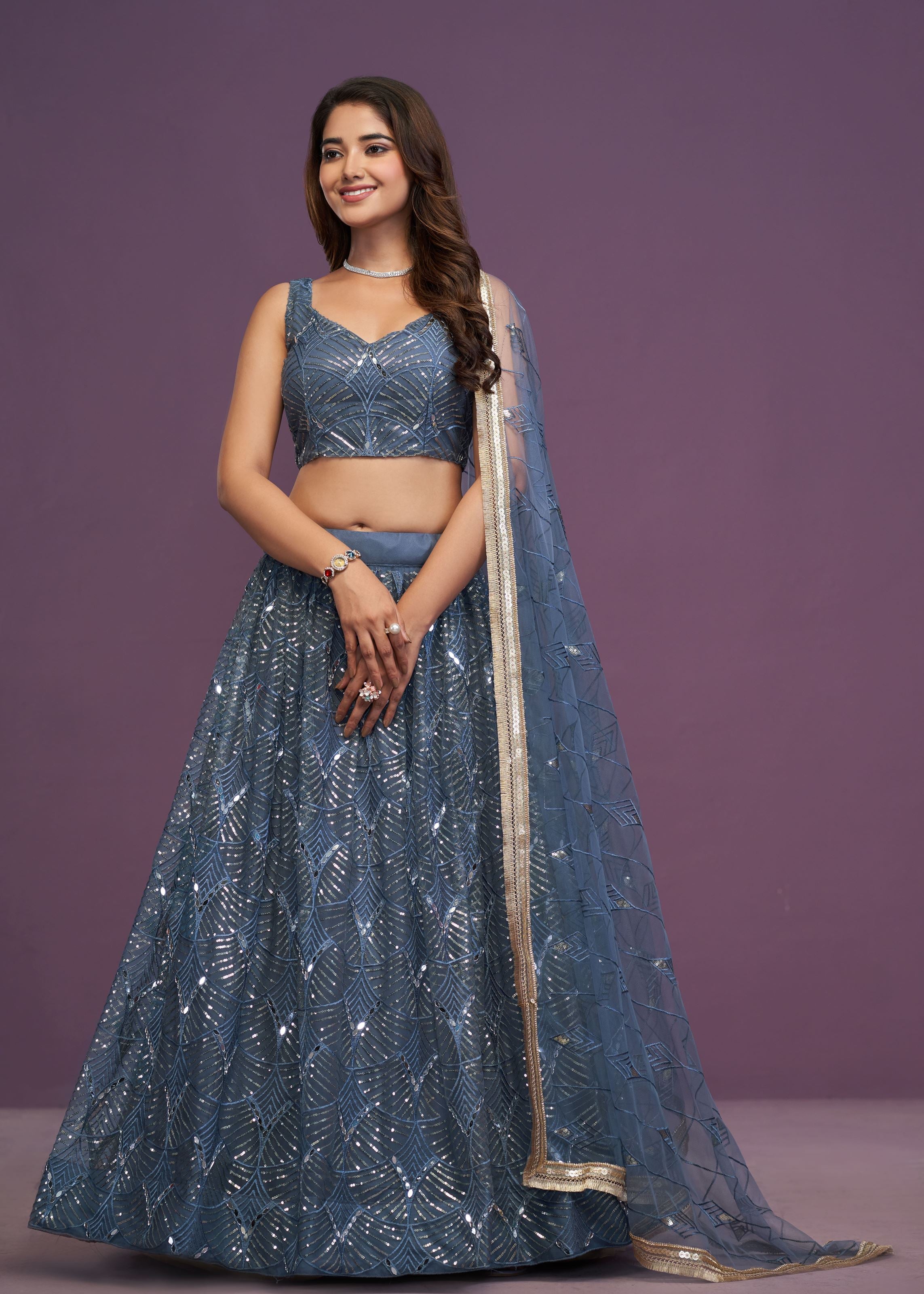 Blue Butterfly Net Real Mirror With Sequence Embroidery Work Lehenga Choli