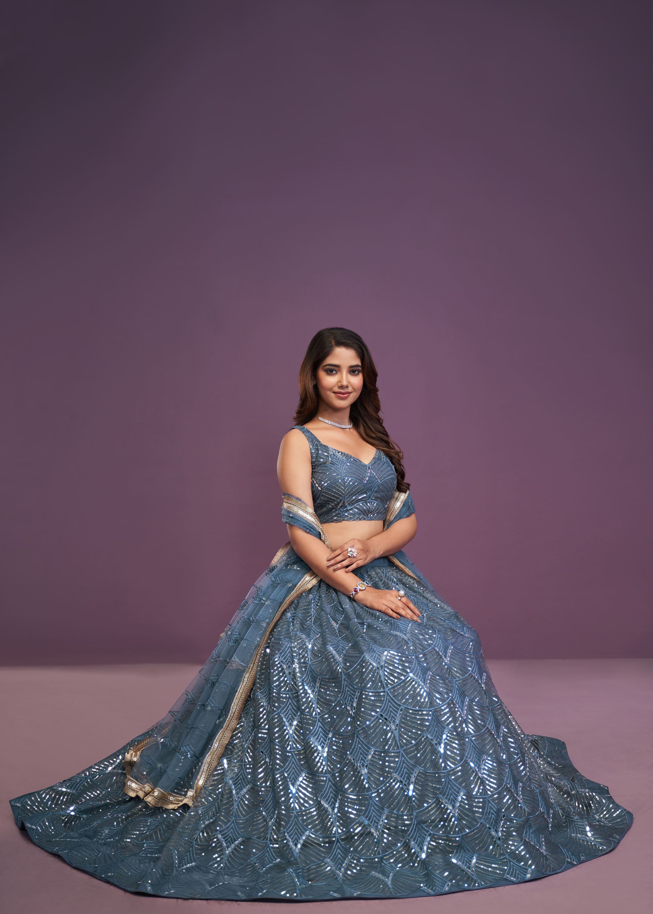 Blue Butterfly Net Real Mirror With Sequence Embroidery Work Lehenga Choli