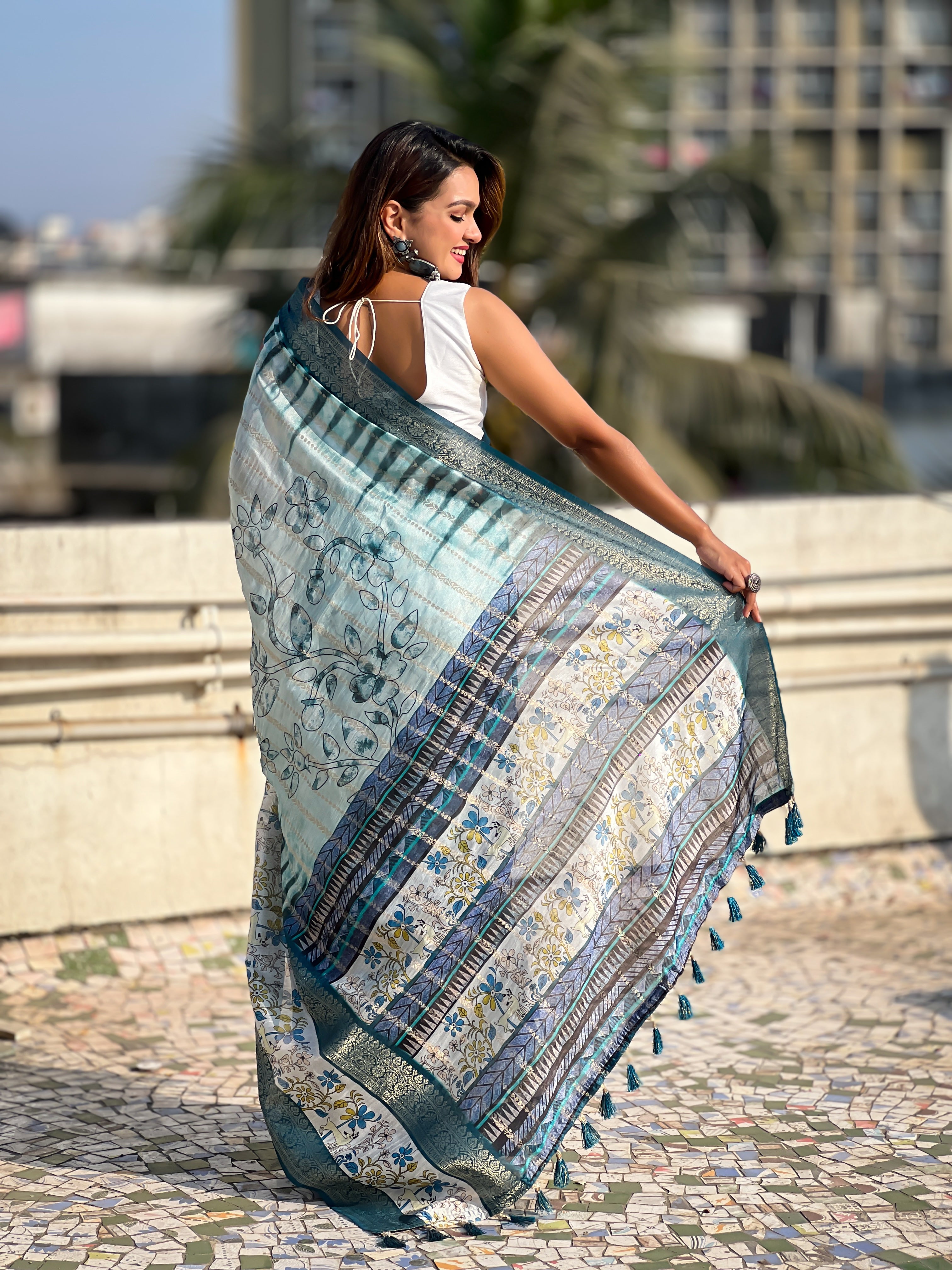 Blue Chanderi Crush Printed With Woven Jari Designer Elegant Sophisticated Saree