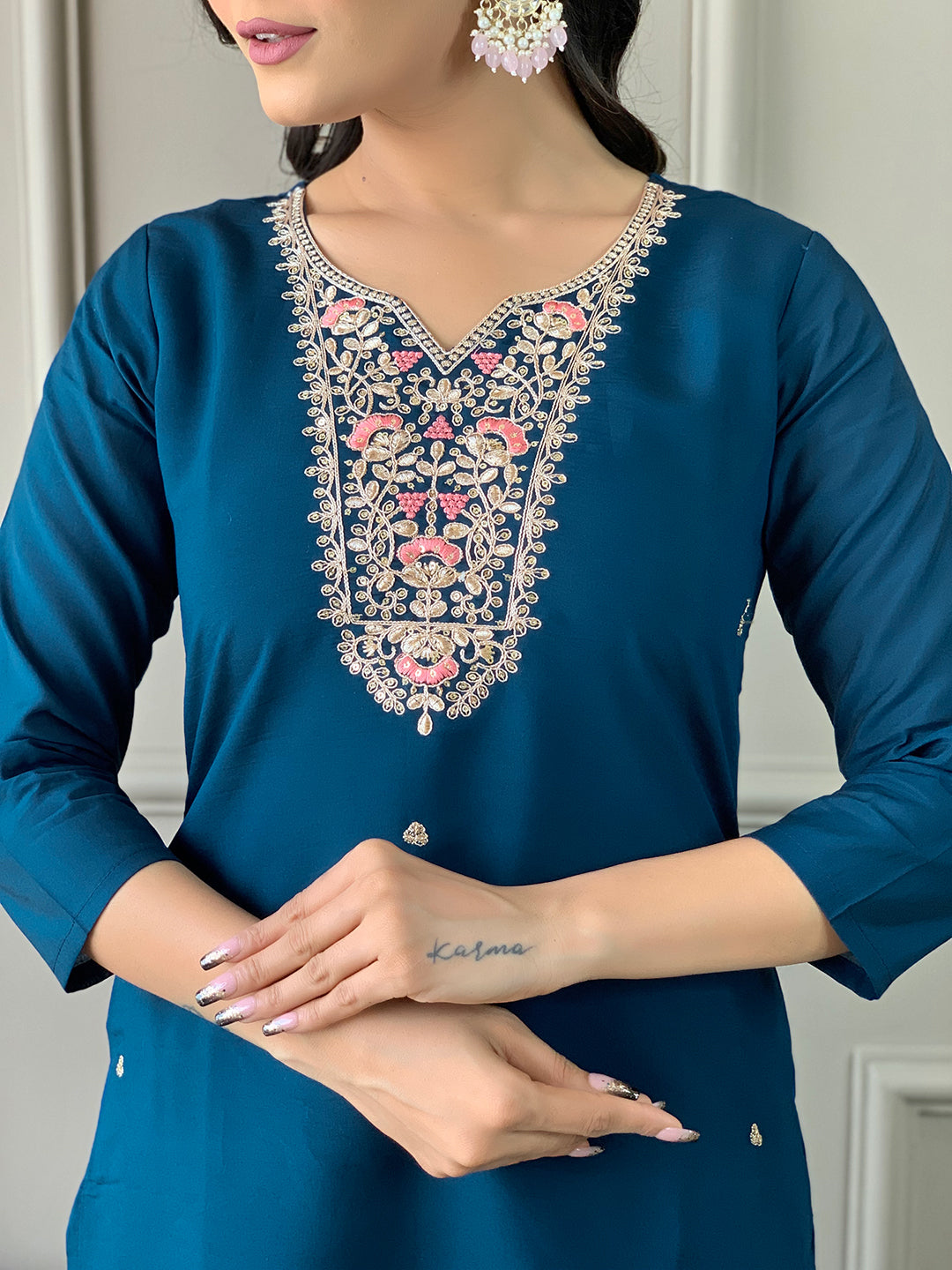 Blue Chanderi Elegant Kurta Pant Set With Embroidery Work