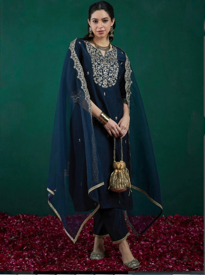 Blue Chanderi Kurta Pant Set With Heavy Thread Embroidered Work