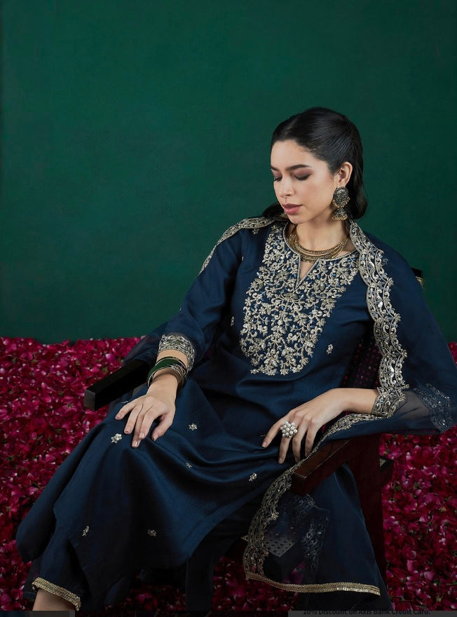 Blue Chanderi Kurta Pant Set With Heavy Thread Embroidered Work
