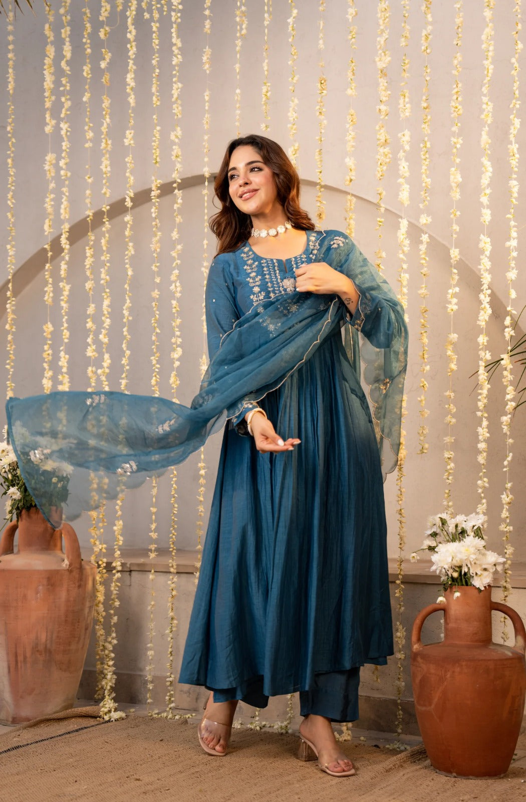 Blue Chanderi Silk Kurta Pant Set With Heavy Thread Embroidery Work